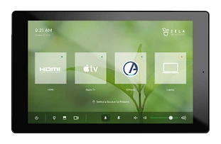Crestron TST-1080 touch screen showing room source controls