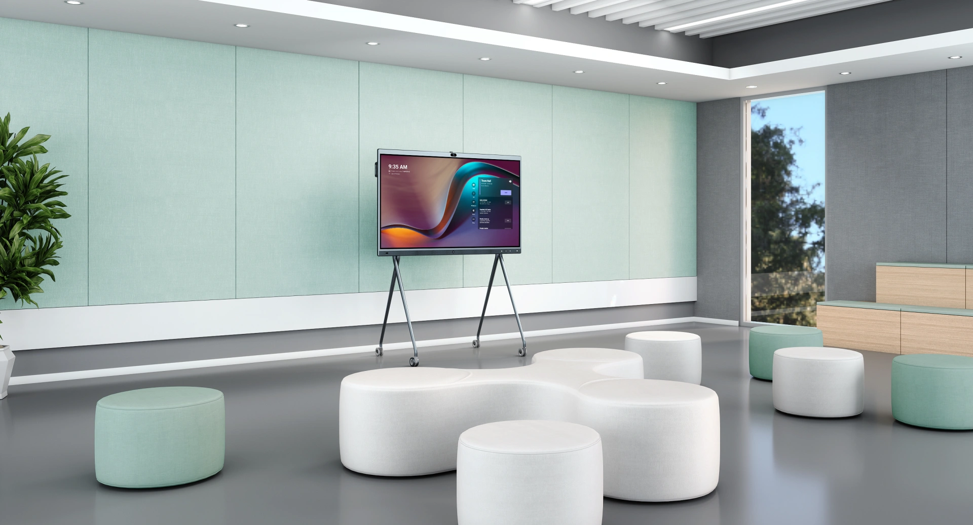 Collaboration space with an interactive board on a mobile stand and soft seating