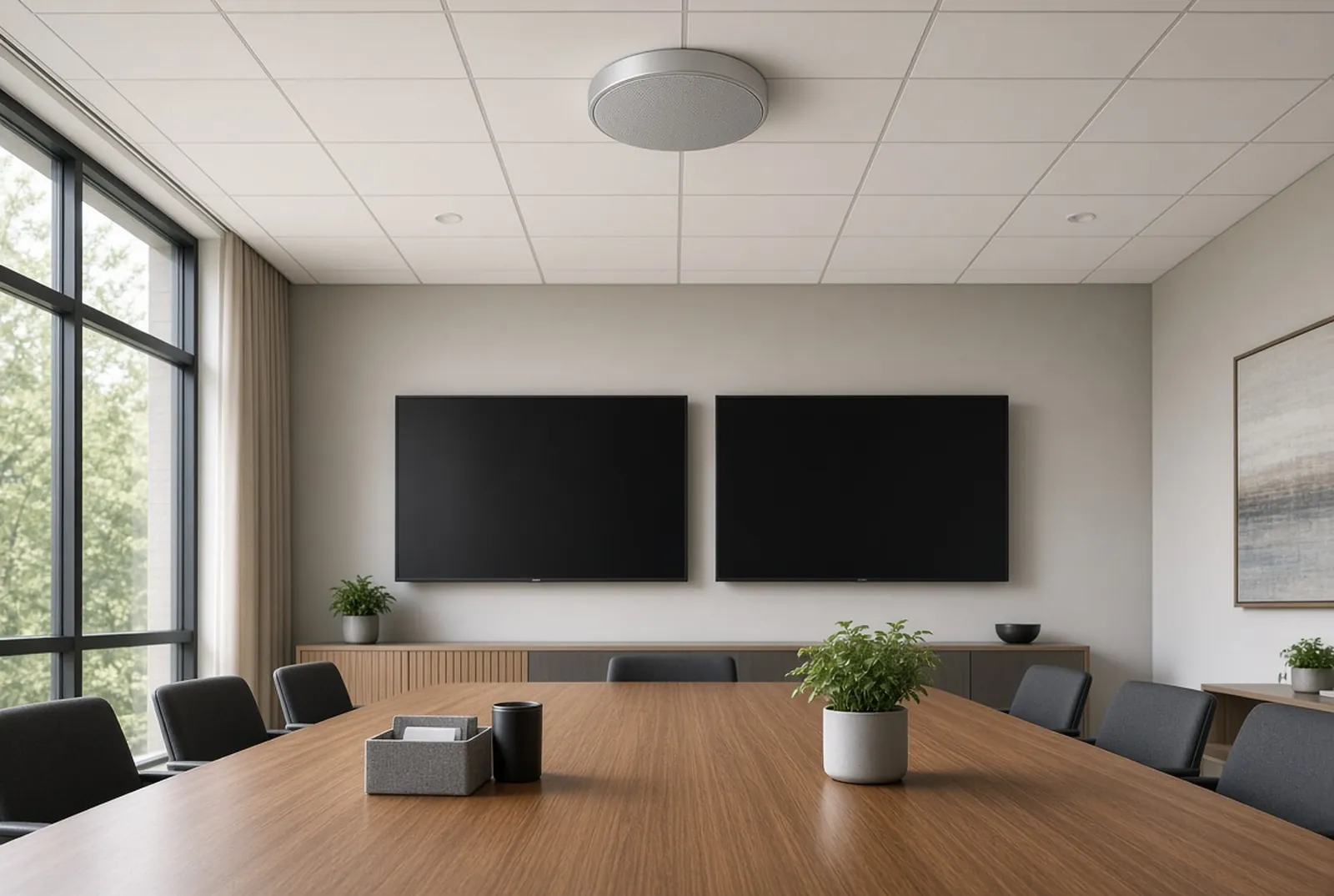 Ceiling microphone above a long conference table with dual wall displays