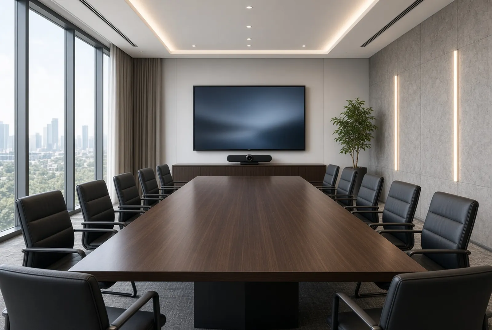 Long boardroom table with a video bar covering the far-end seats