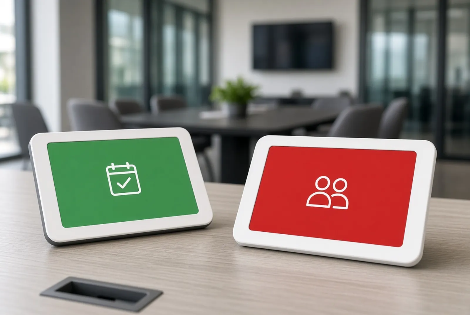 Two room tablets showing available and in-use states in front of a meeting room