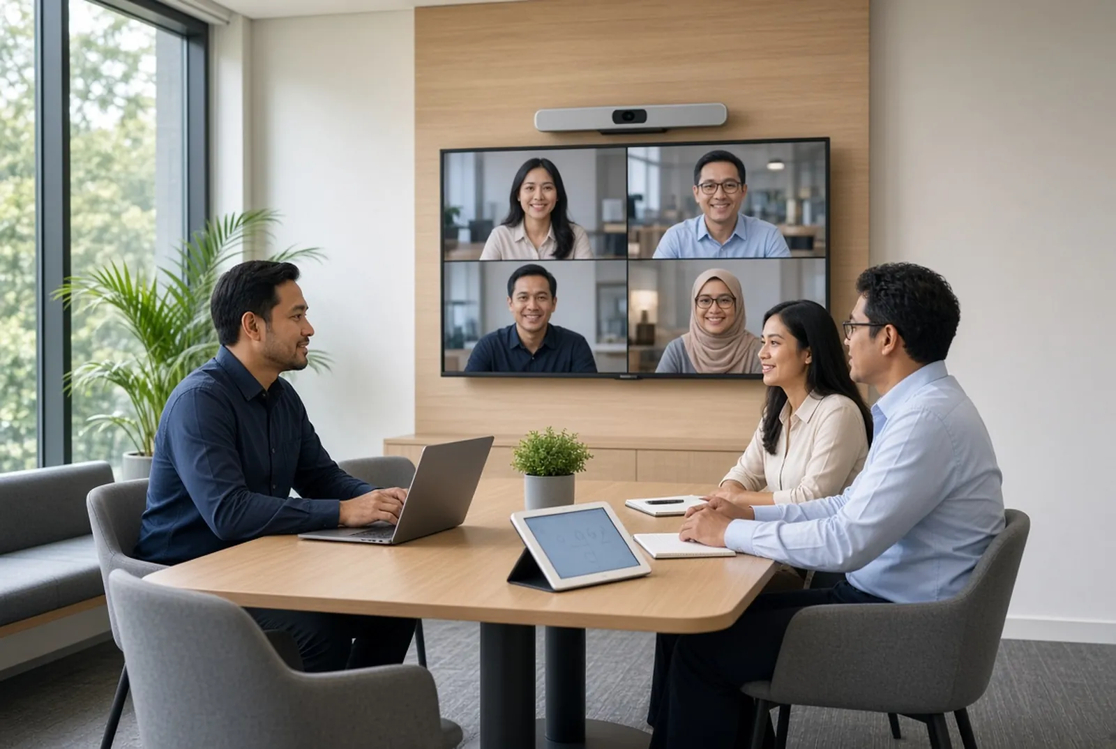 Hybrid huddle room joining remote participants from a wall display and table controller