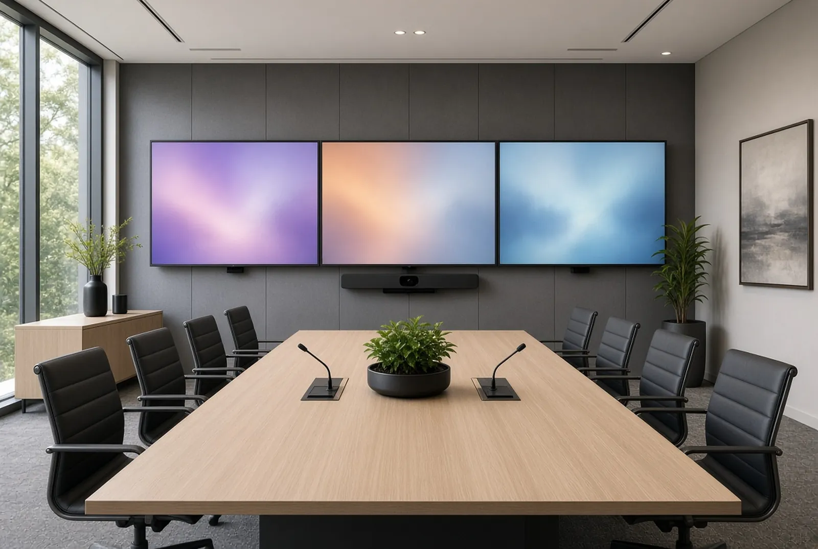 Meeting room with three wall displays and a video bar on the centre canvas
