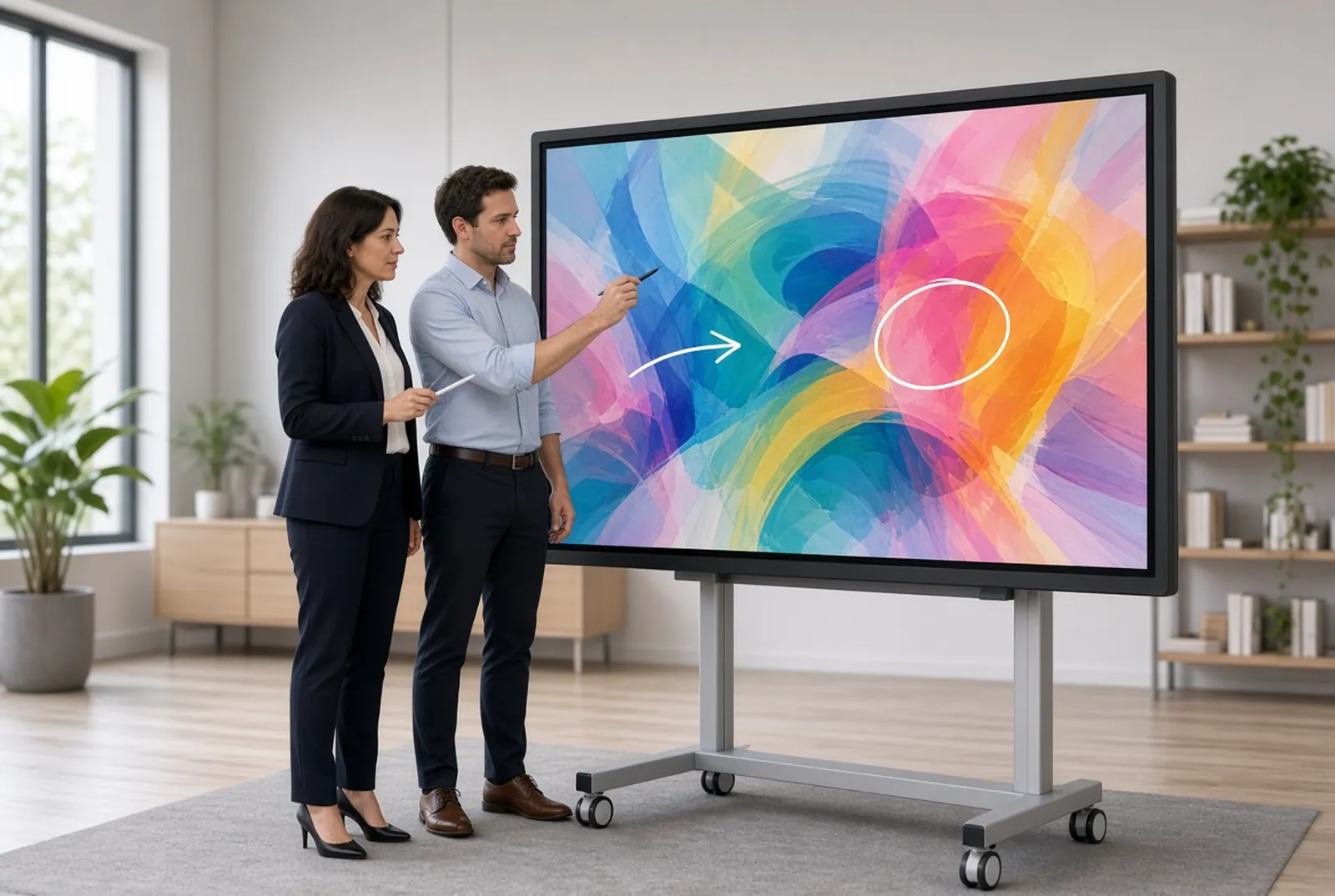 Two people annotating a large touch collaboration board with styluses