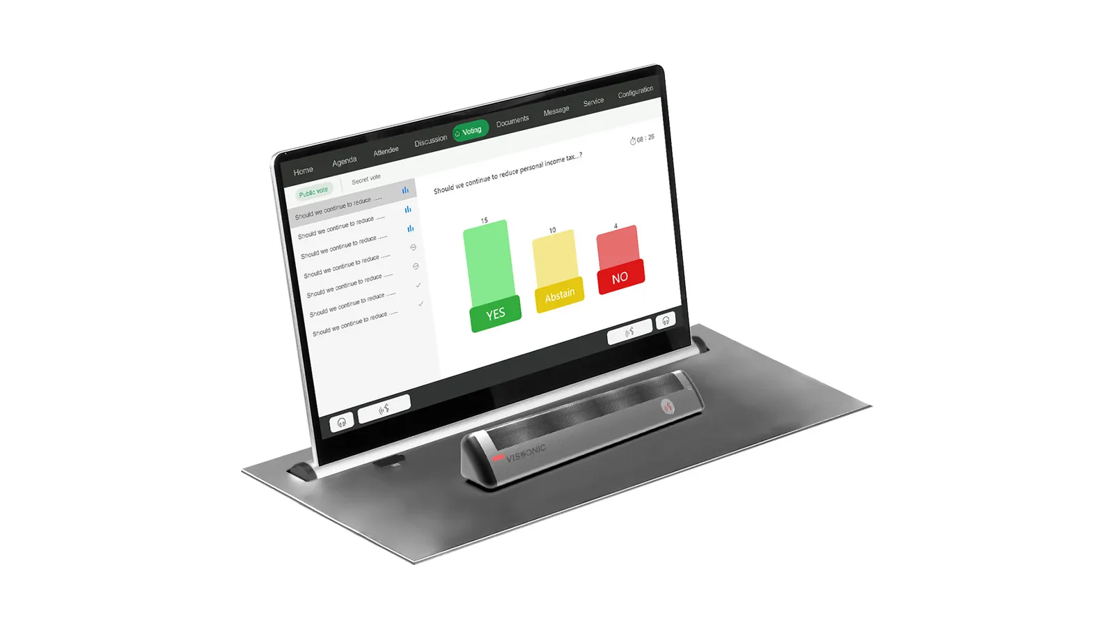 VISSONIC DAD-F height-adjustable touch screen with a flush array microphone in the table lid