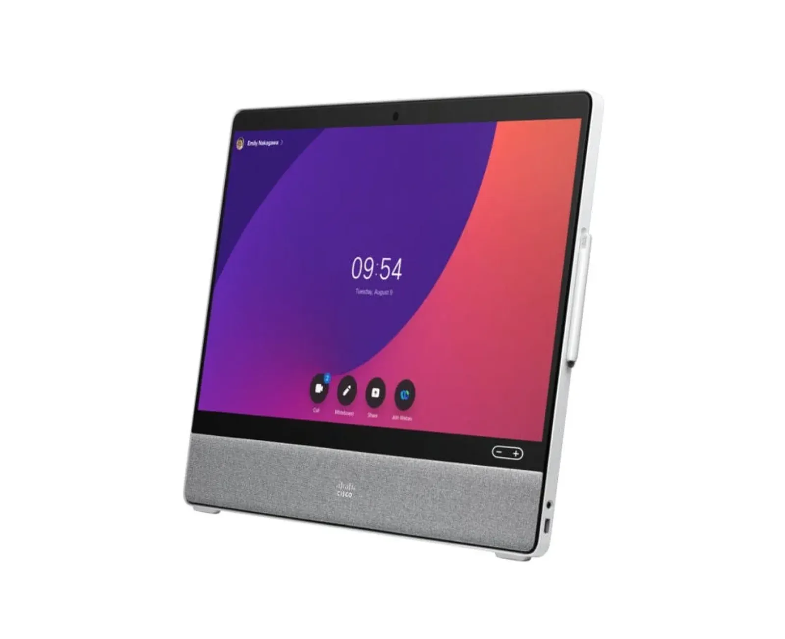 Cisco Desk Pro personal collaboration screen with fabric speaker bar and stylus