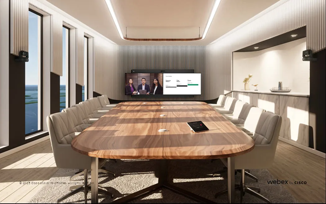 Cisco Room Kit EQX dual-display boardroom with Quad Camera bar above the screens