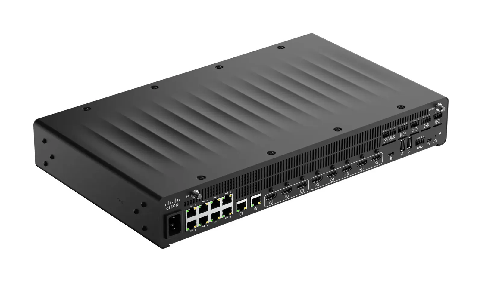 Cisco Codec Pro G2 rear panel with PoE ports, HDMI and GPIO for AVoIP rooms