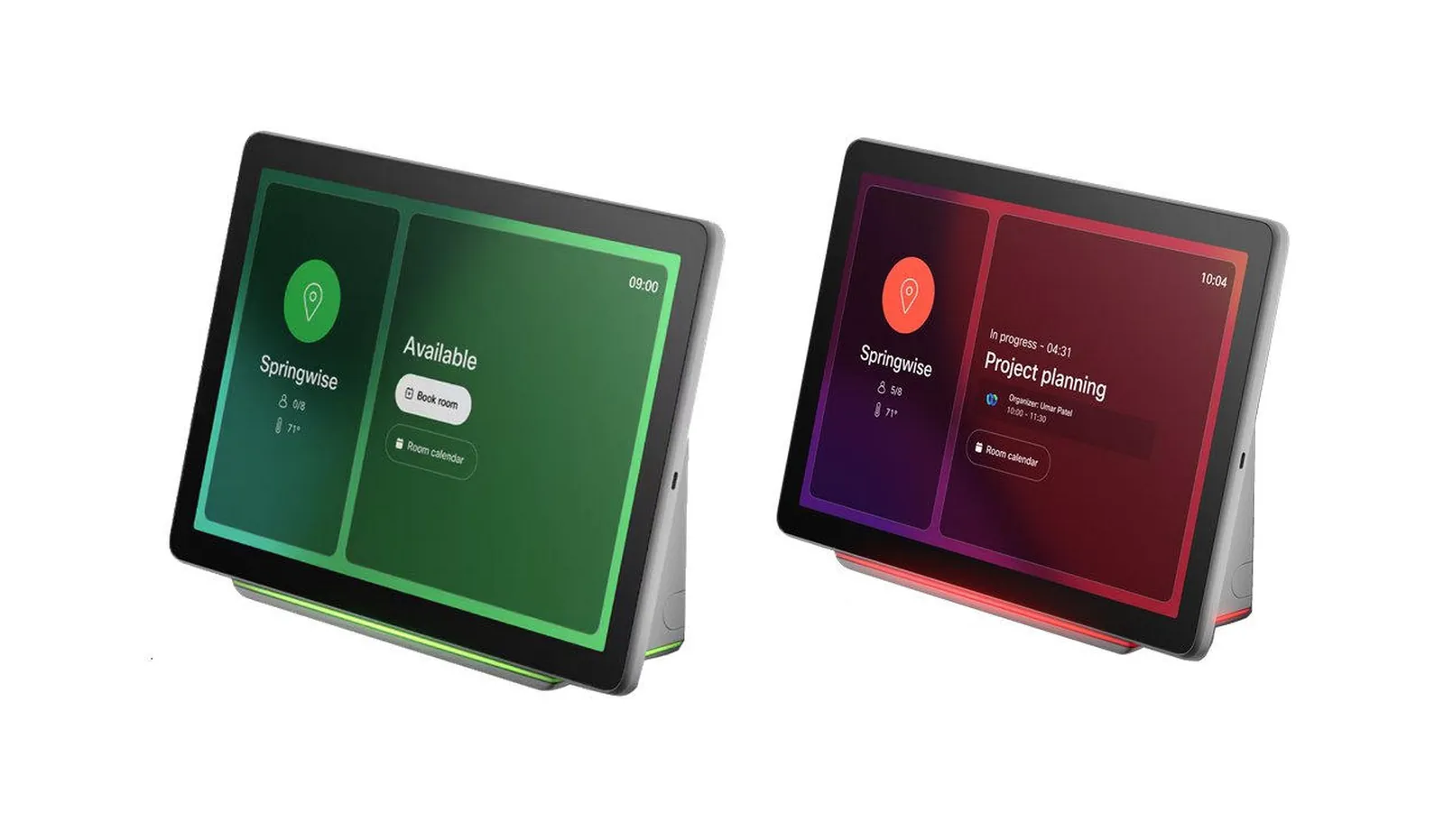 Cisco Room Navigator table controllers showing available and in-progress room booking states